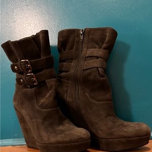 Stuart Weitzman Ruched Buckle Suede Wedge Black Booties Charcoal Grey